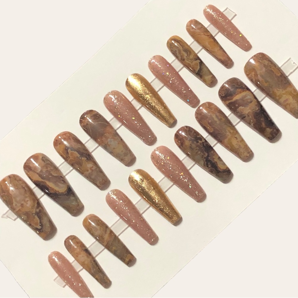 Handmade Custom Press on Nails Long Coffin UV Gel Brown Tan Marble Gold Metallic - Picture 9 of 9